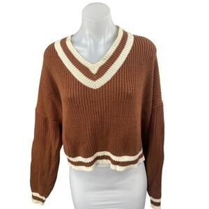 VICI Brown Cream Long Sleeve Ribbed Knit V Neck Boxy Crop Sweater Top Size M